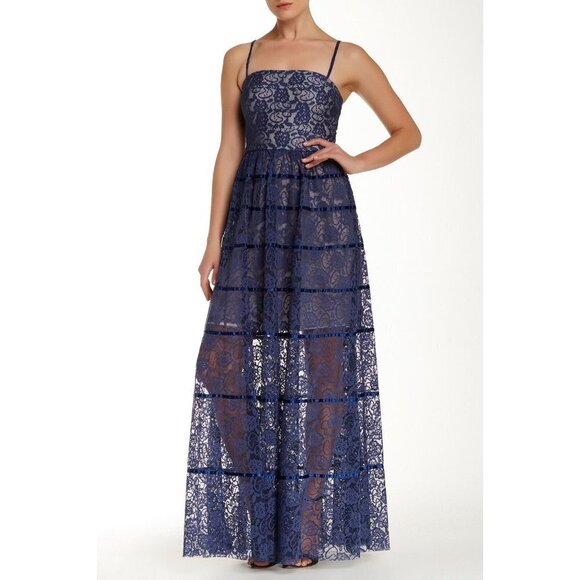 NWT Vera Wang Navy Blue Sheer Floral Lace Satin Striped Gown Dress 8 $295 - Picture 1 of 8